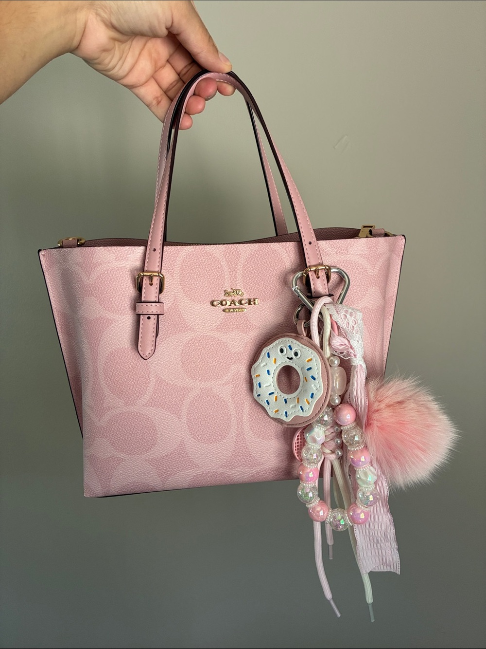 Pink Faux Fur Pom-Pom Donut Keychain Bag Charm